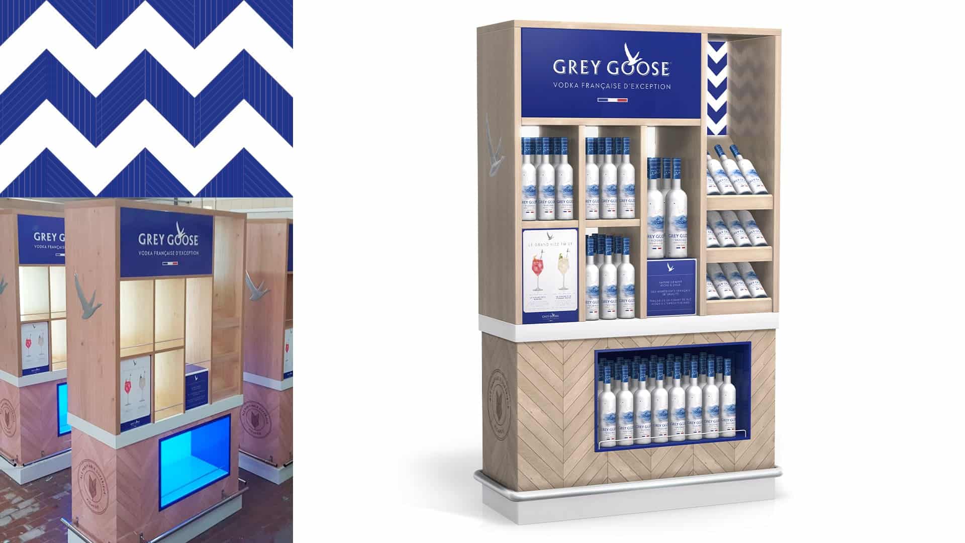 Photo du meuble Grey Goose présentant les bouteilles de la marque